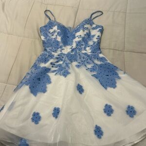 JVN by Jovani Blue and White Floral Prom Dress